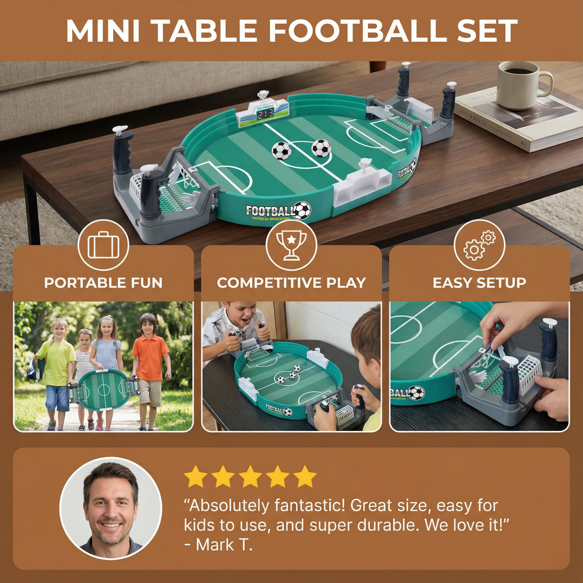 Tabletop Football Game with Sliding Rod Controls and Integrated Scoreboard