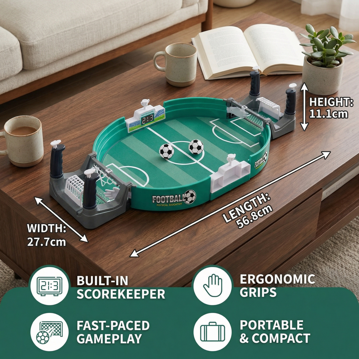 Tabletop Football Game with Sliding Rod Controls and Integrated Scoreboard