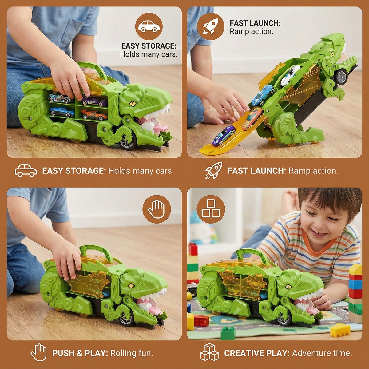 Dinosaur Transformer Truck with LED Lights and 2 Included Cars
