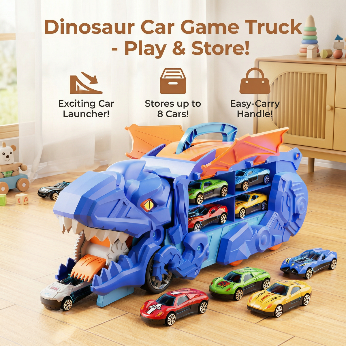 Dinosaur Transformer Truck with LED Lights and 2 Included Cars