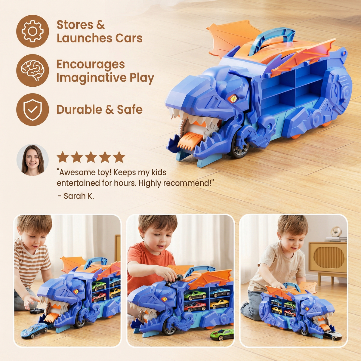 Dinosaur Transformer Truck with LED Lights and 2 Included Cars