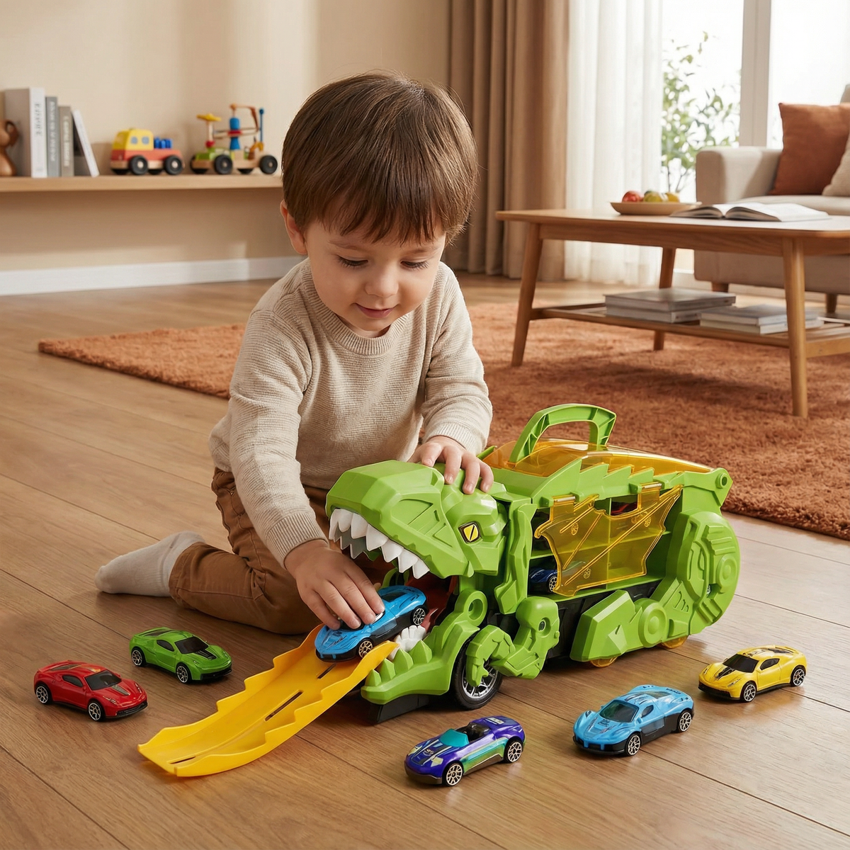 Dinosaur Transformer Truck with LED Lights and 2 Included Cars