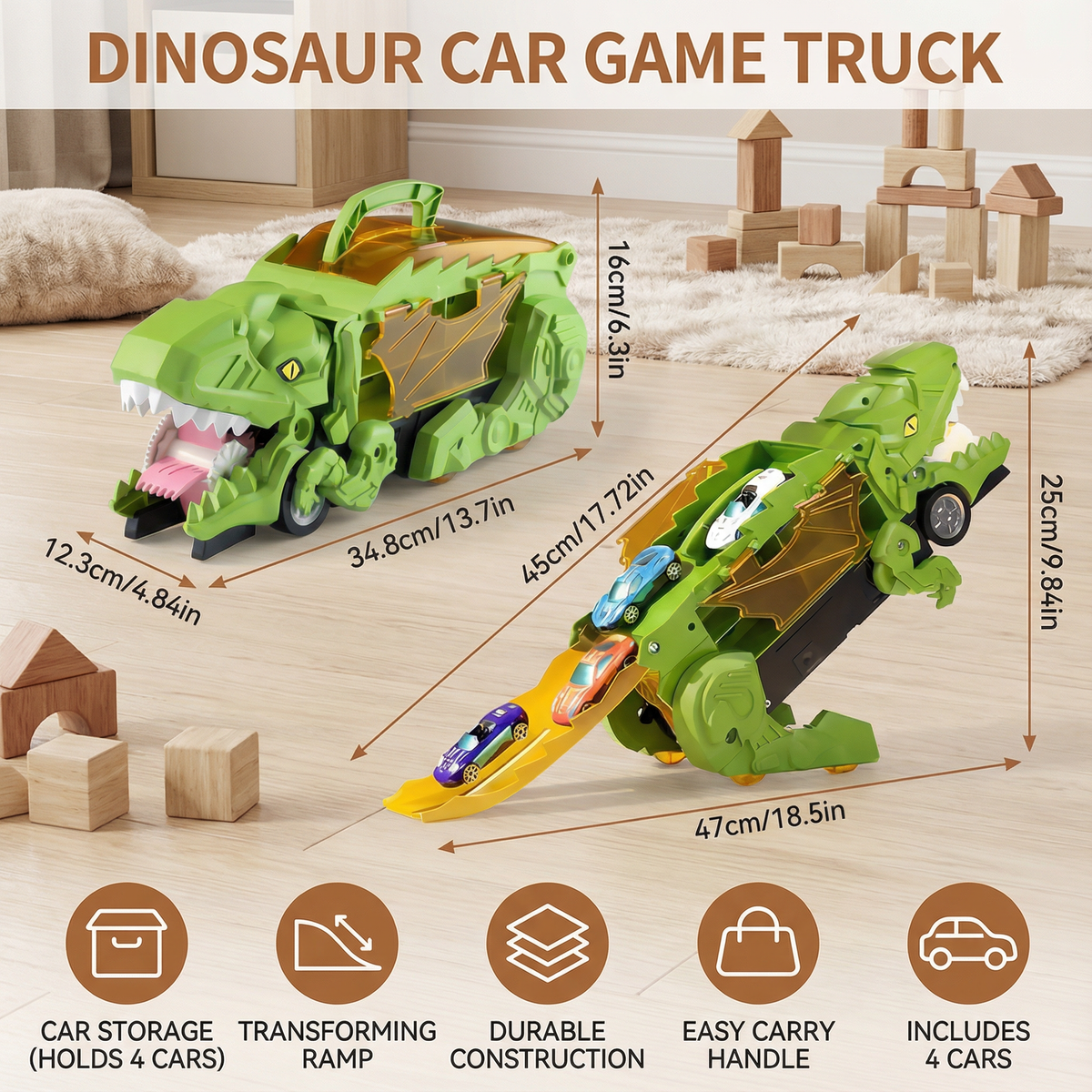 Dinosaur Transformer Truck with LED Lights and 2 Included Cars