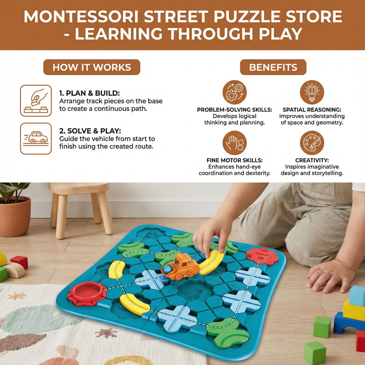 Street Layout Puzzle with Rolling Vehicle and Color Blocks for Toddlers