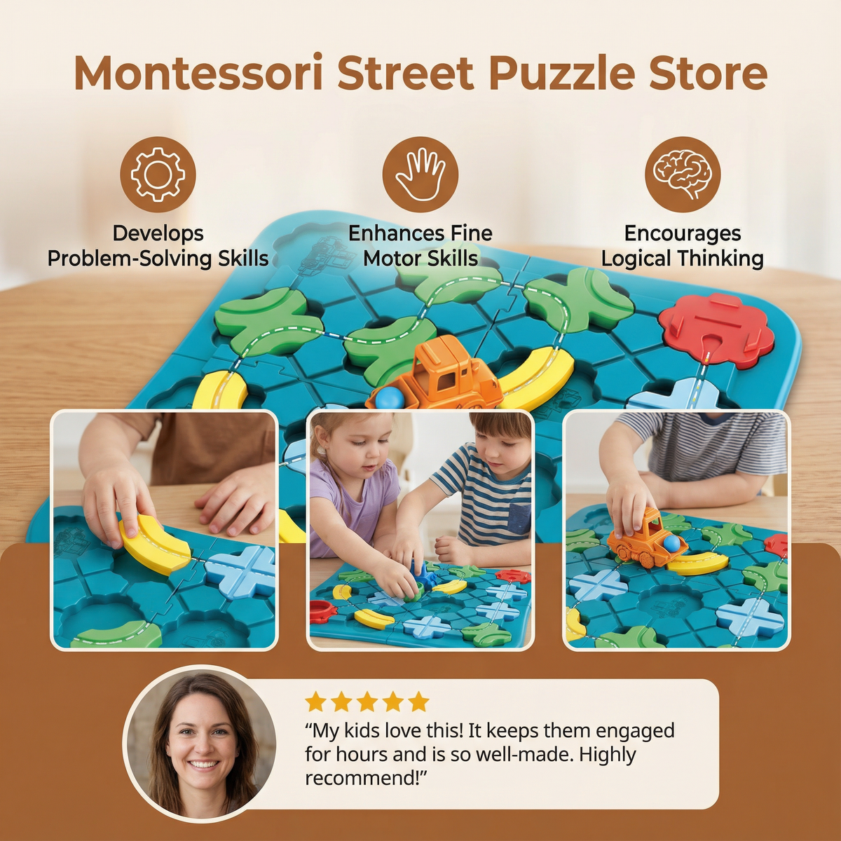 Street Layout Puzzle with Rolling Vehicle and Color Blocks for Toddlers