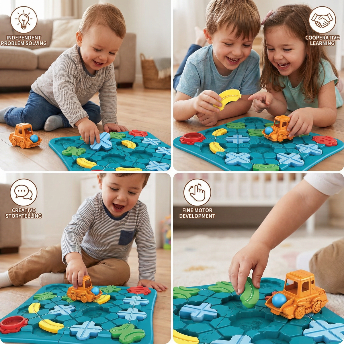 Street Layout Puzzle with Rolling Vehicle and Color Blocks for Toddlers