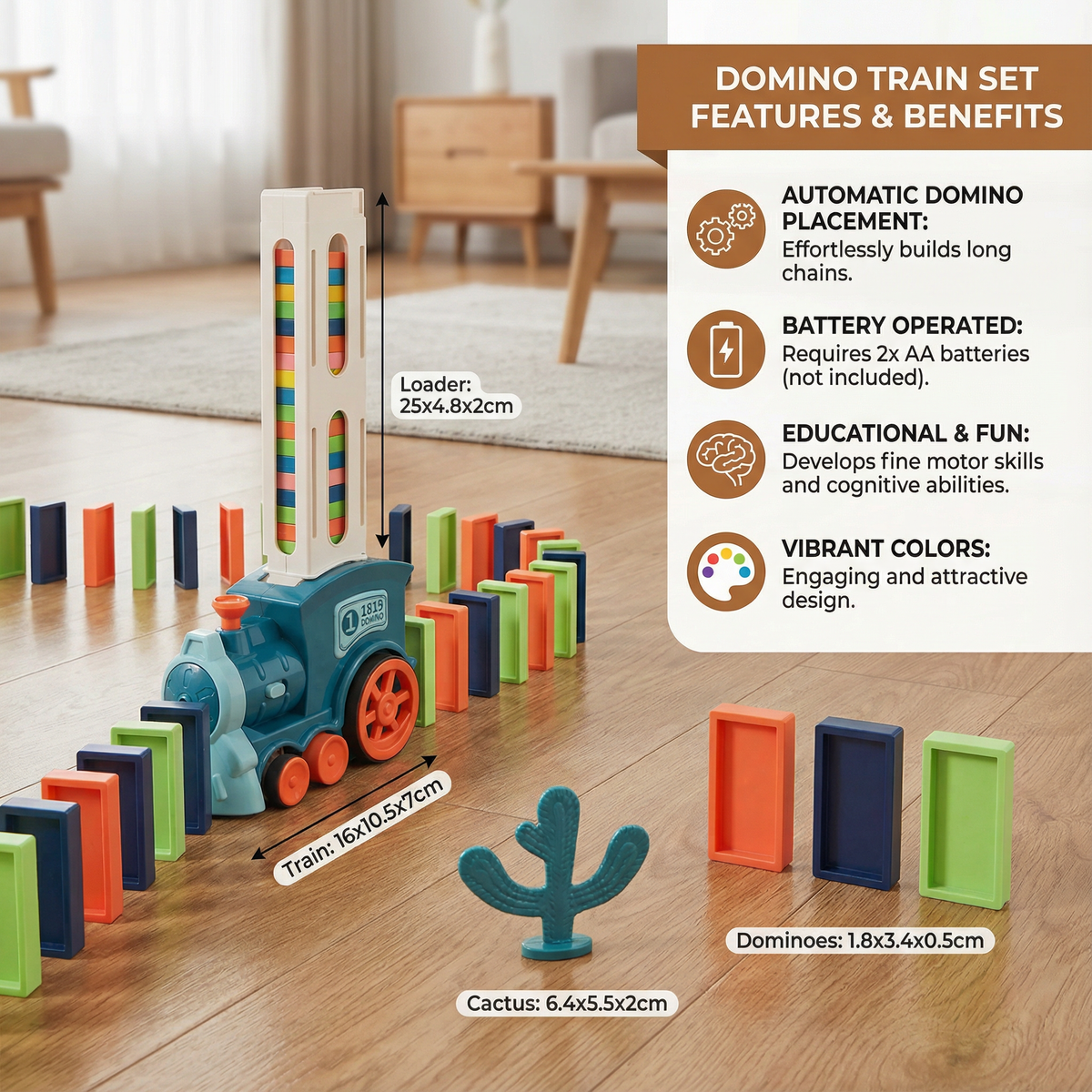 Motorized Domino Train with Automatic Placement and Multicolored Pieces