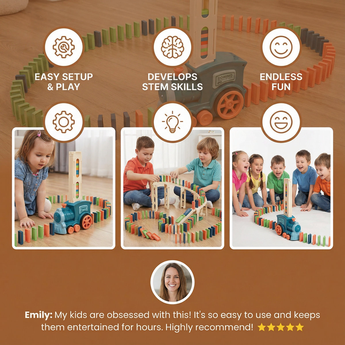 Motorized Domino Train with Automatic Placement and Multicolored Pieces
