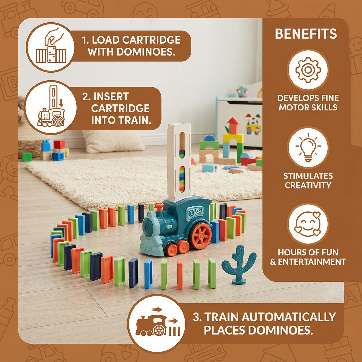 Motorized Domino Train with Automatic Placement and Multicolored Pieces
