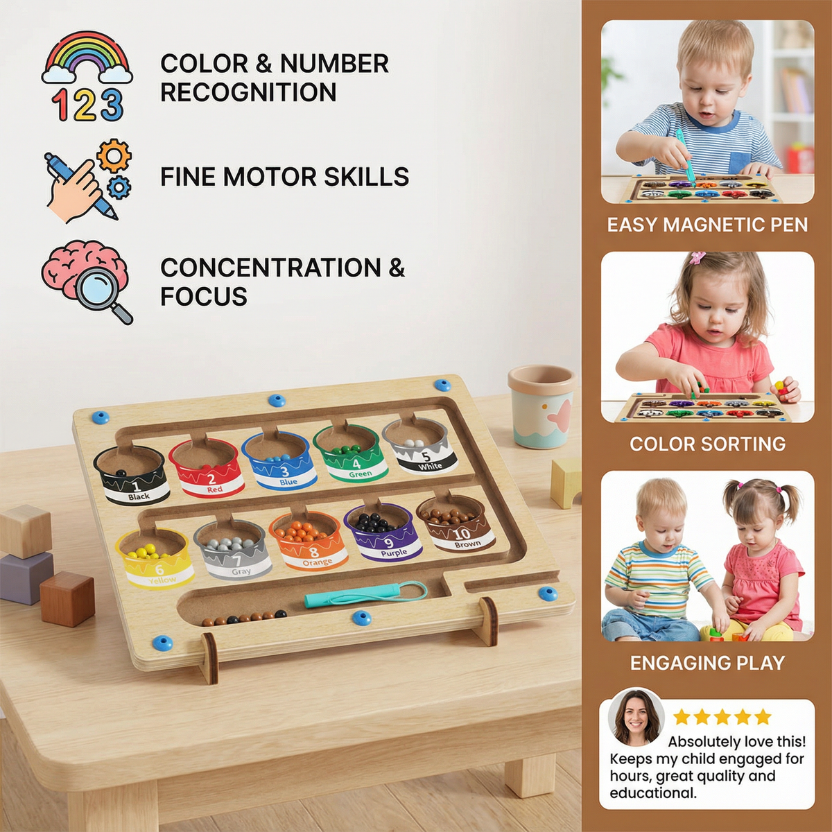 Magnetic Bead Maze Board with Color Sorting and Numbered Counting Zones