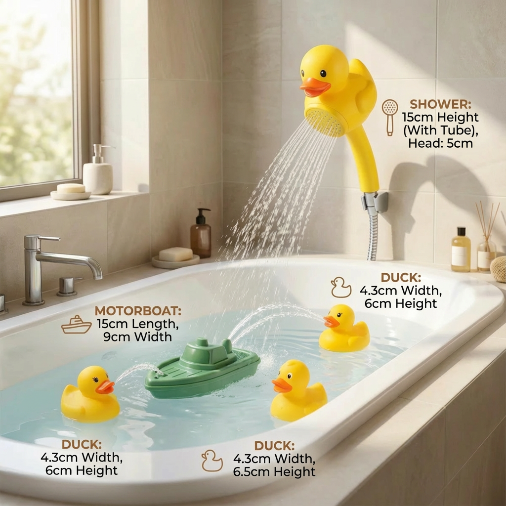 Duck Fountain Bath Toy with Motorized Boat and Squirting Ducks, Battery Shower Head