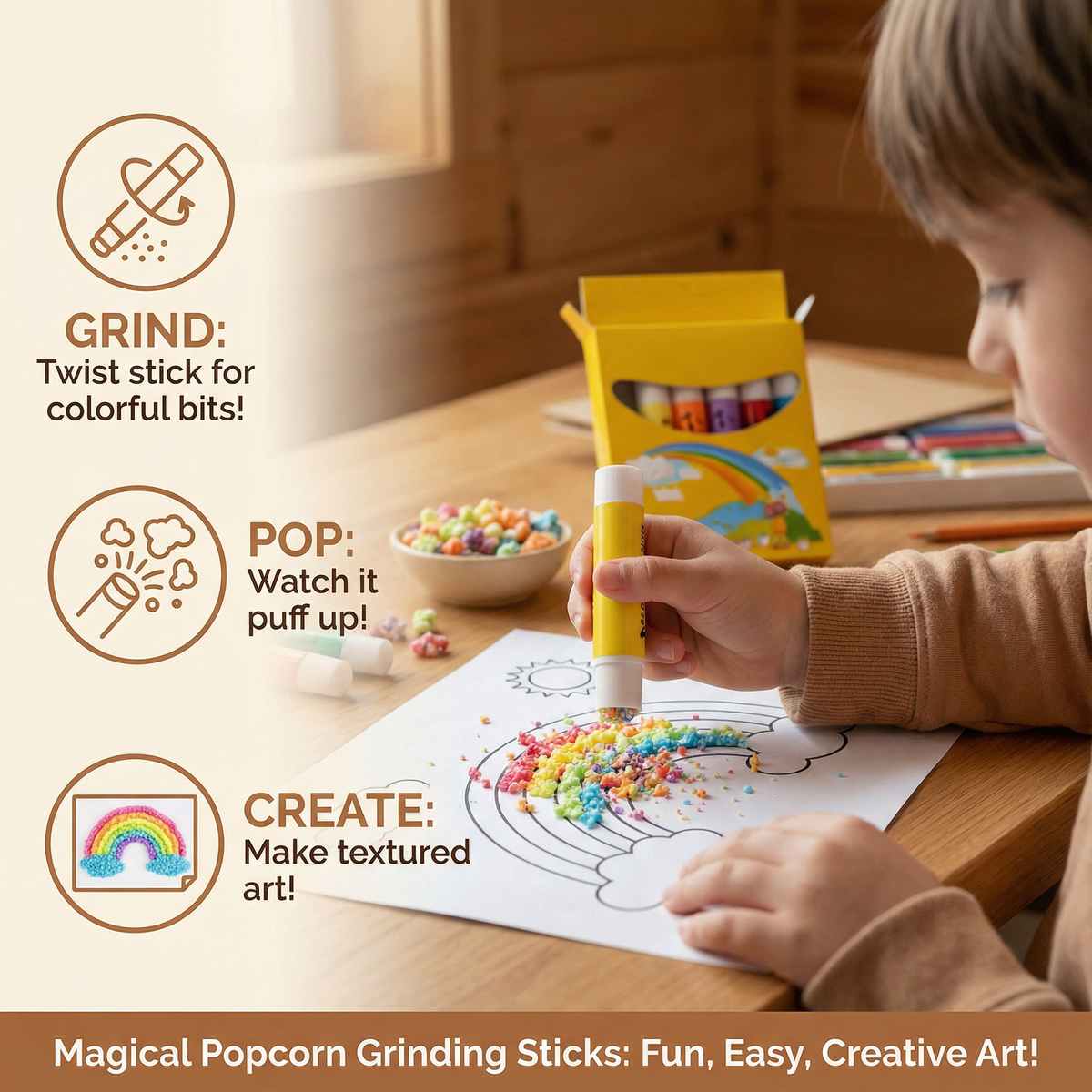 Textured Popcorn Crayons with Raised Surface Formula for Paper and Cardboard