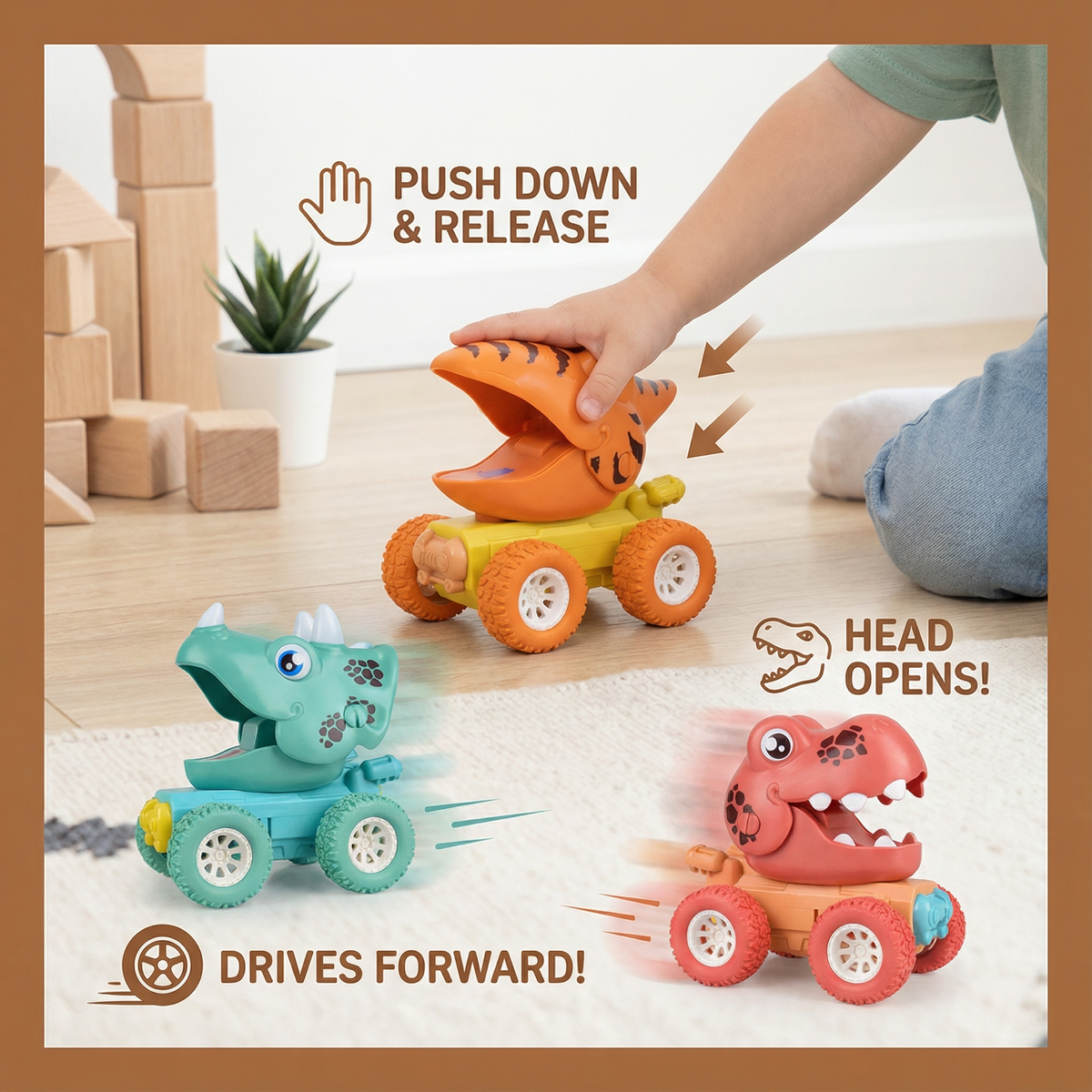 Push and Go Dino Monster Truck Toy with Sturdy Wheels in Orange, Blue, or Red