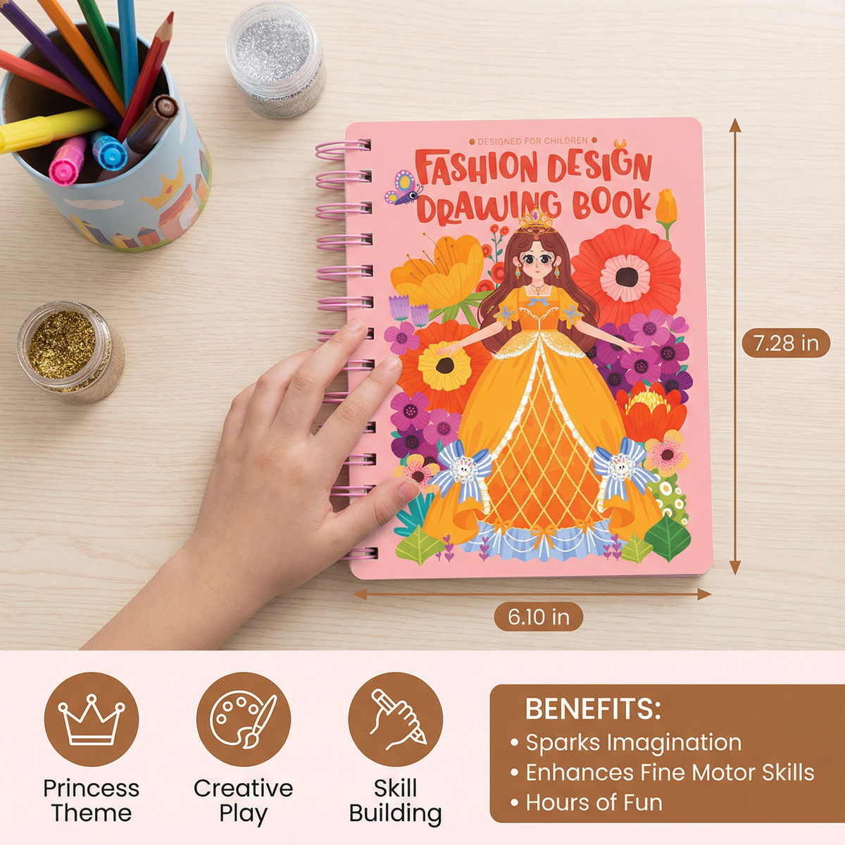Princess Dress Design Coloring Book with Included Craft Materials and Spiral Binding
