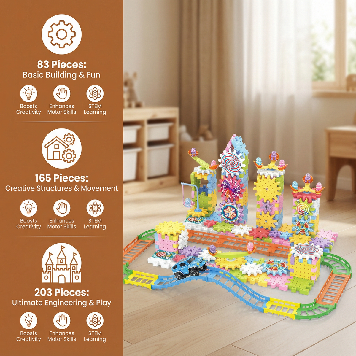 Gear Building Toy Set with Rotating Blocks and 203 Snap-Together Pieces