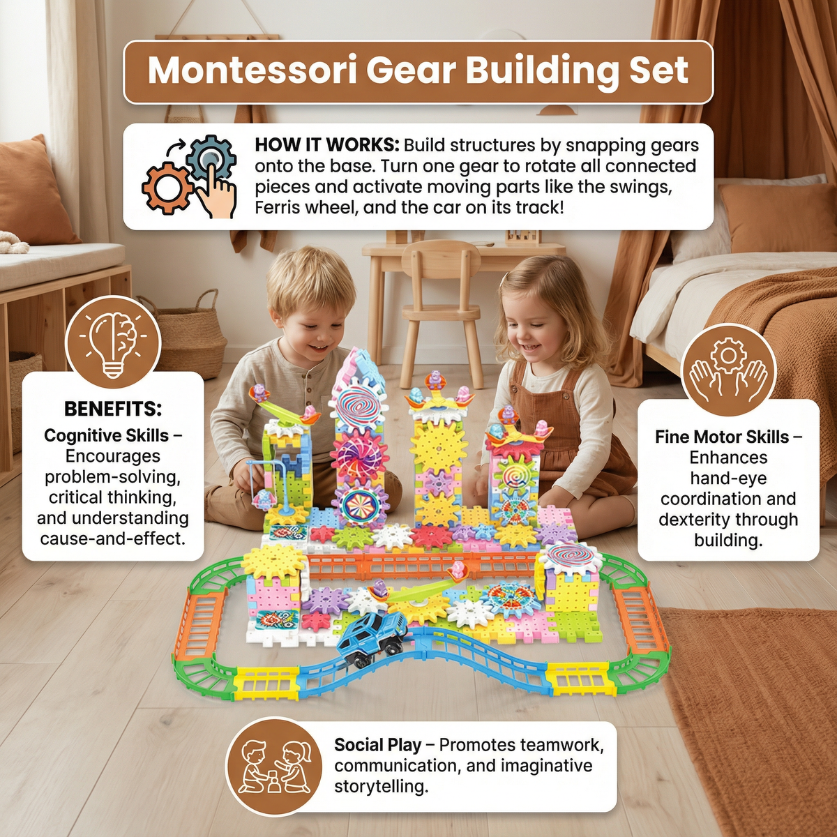 Gear Building Toy Set with Rotating Blocks and 203 Snap-Together Pieces
