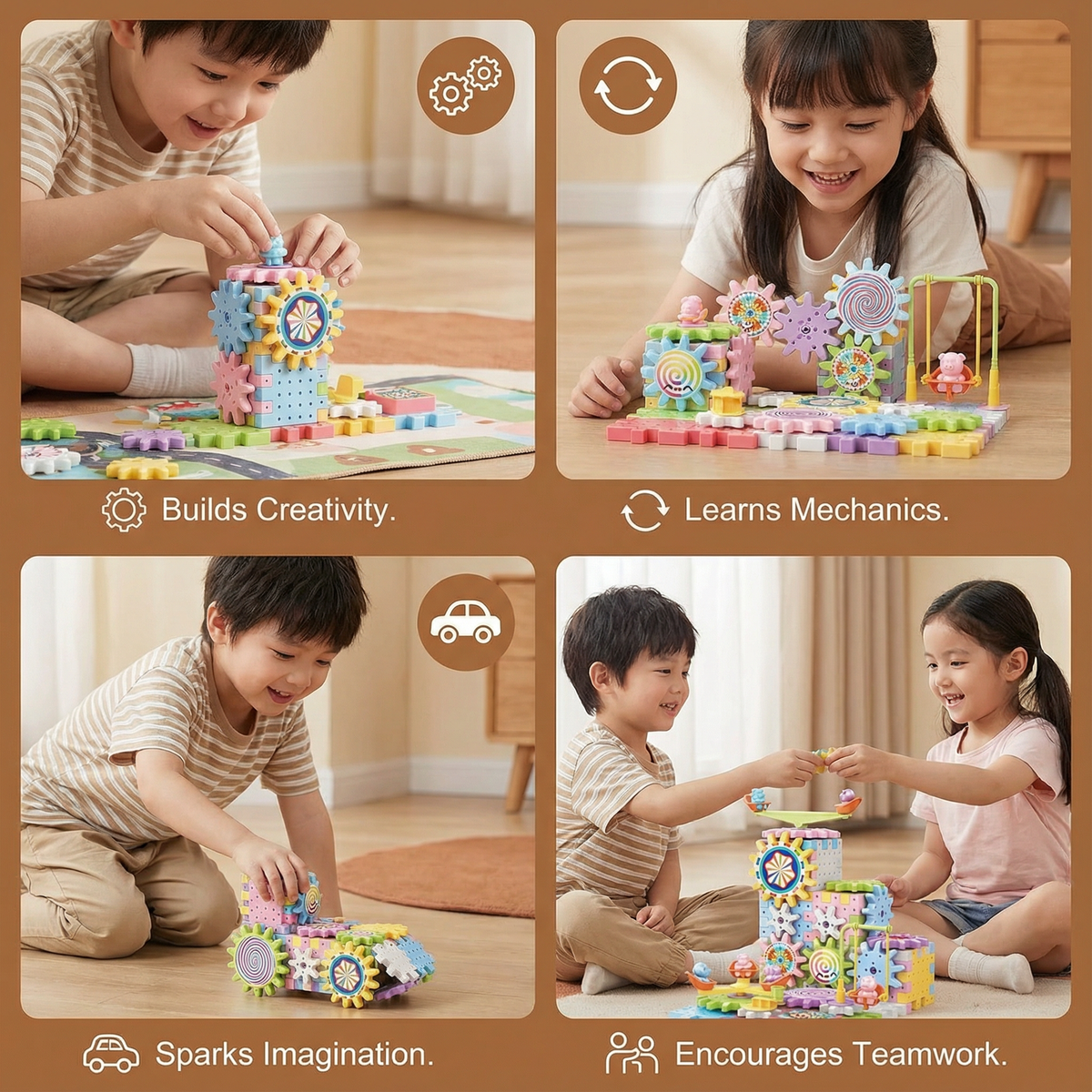 Gear Building Toy Set with Rotating Blocks and 203 Snap-Together Pieces