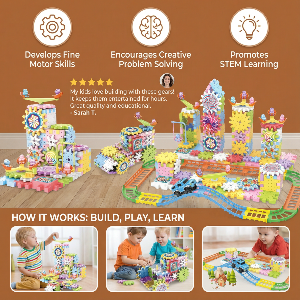 Gear Building Toy Set with Rotating Blocks and 203 Snap-Together Pieces