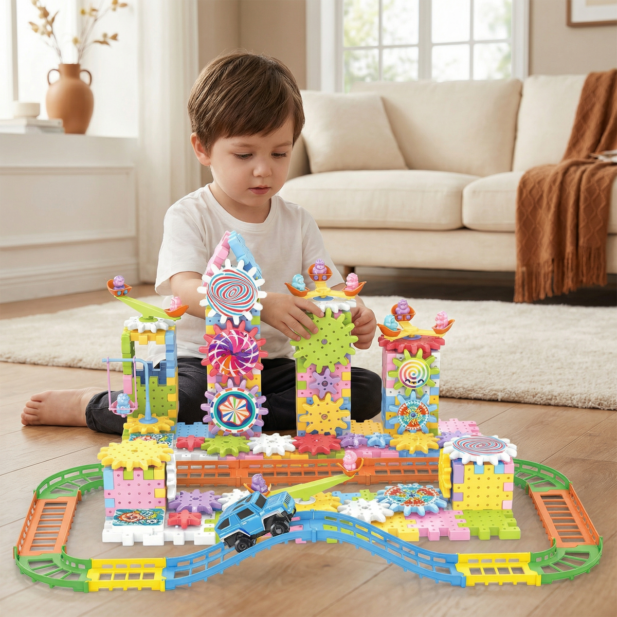 Gear Building Toy Set with Rotating Blocks and 203 Snap-Together Pieces