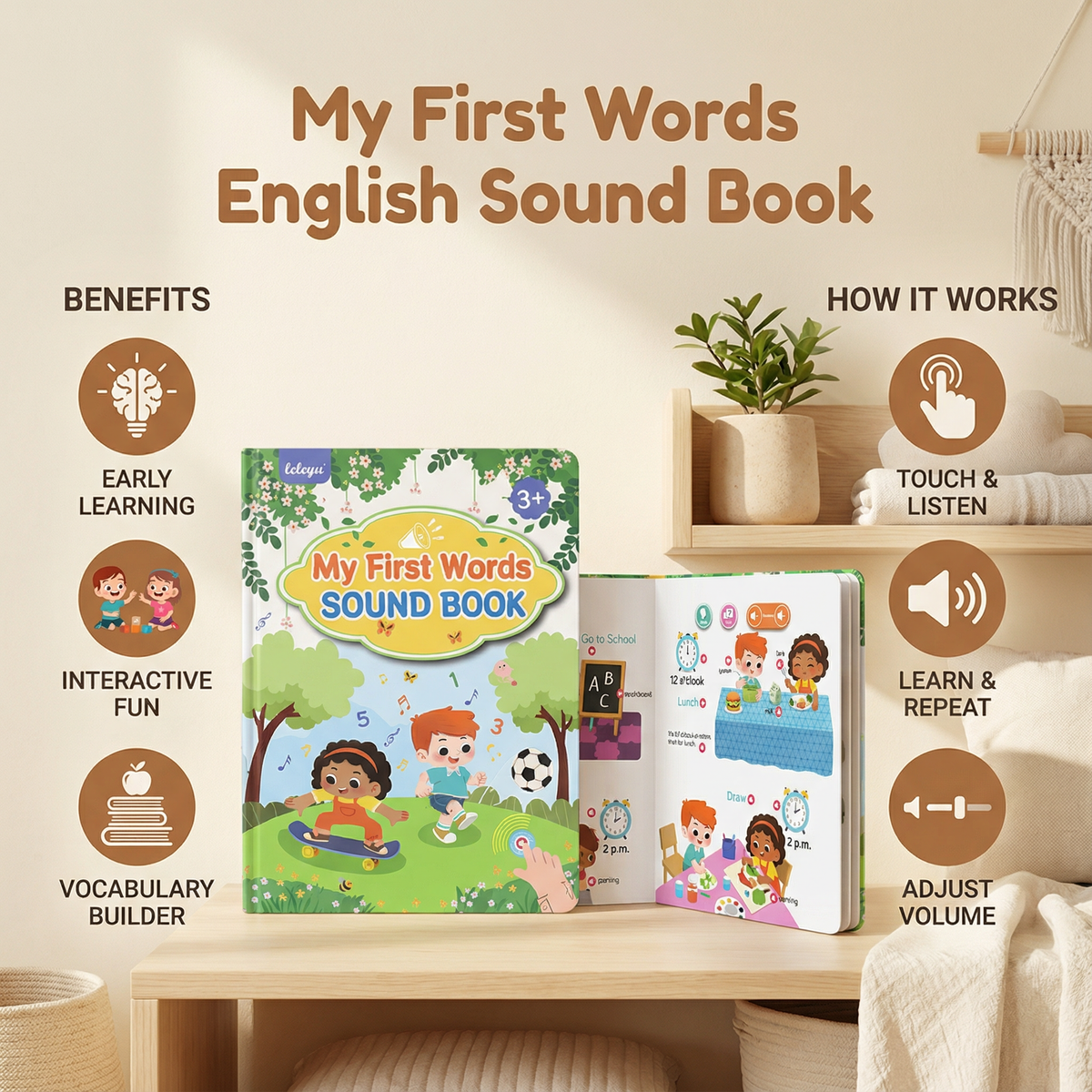 Interactive English Sound Book with Audio Buttons and Colorful Pictures for Toddlers