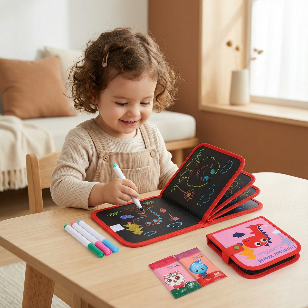 Wipeable Drawing Book with Washable Markers and Flat Binding for Kids
