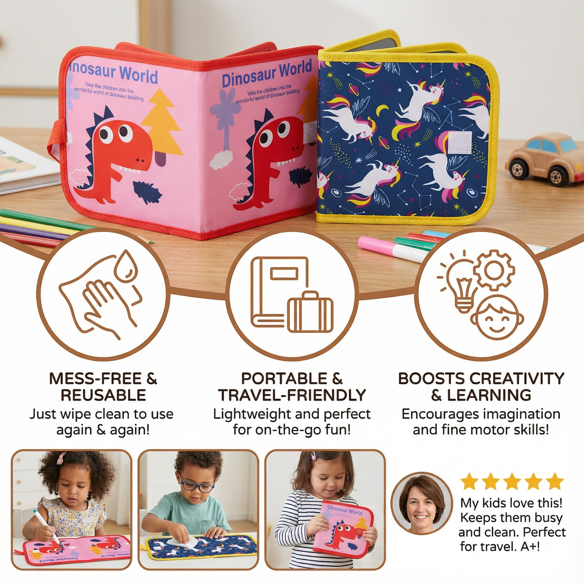 Wipeable Drawing Book with Washable Markers and Flat Binding for Kids