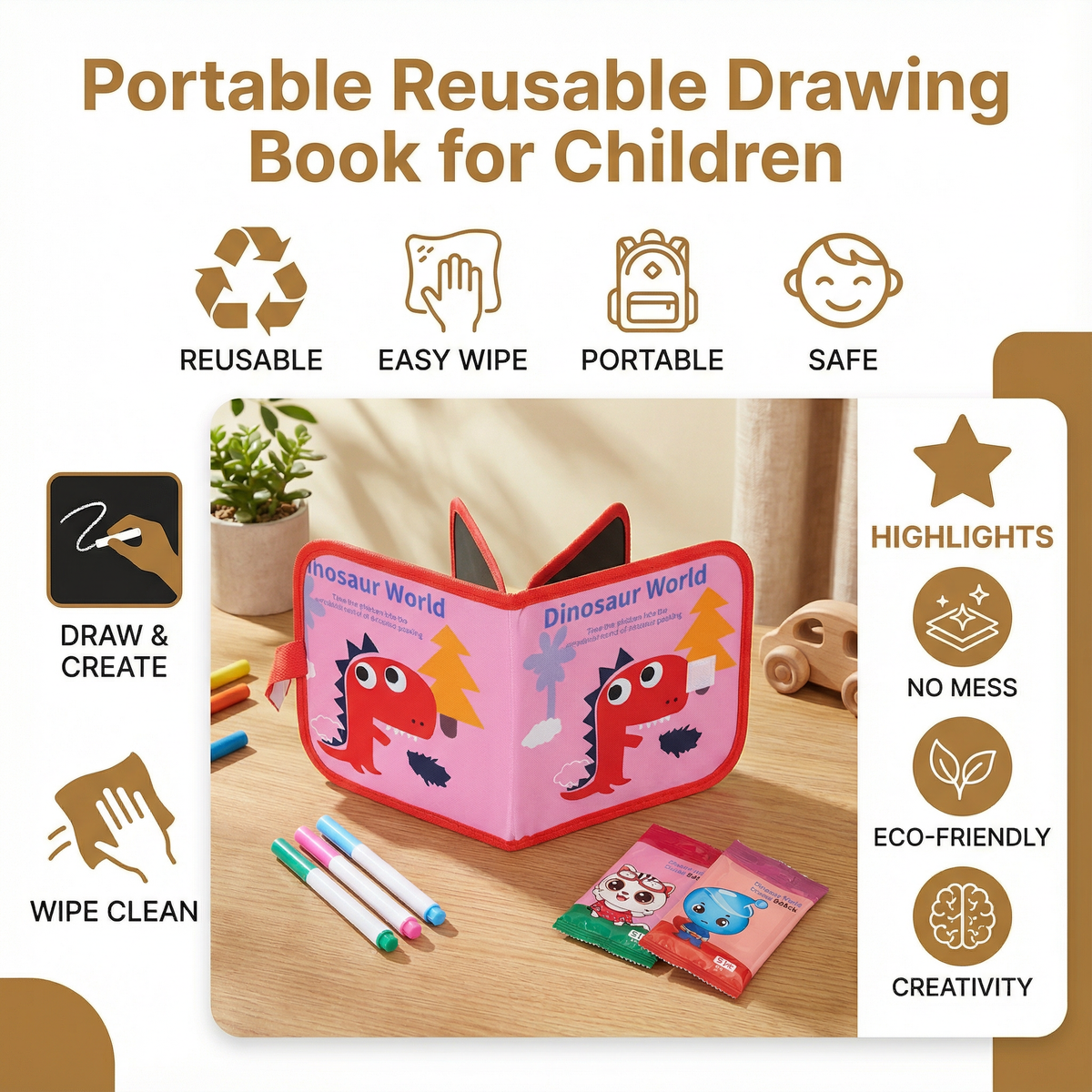 Wipeable Drawing Book with Washable Markers and Flat Binding for Kids
