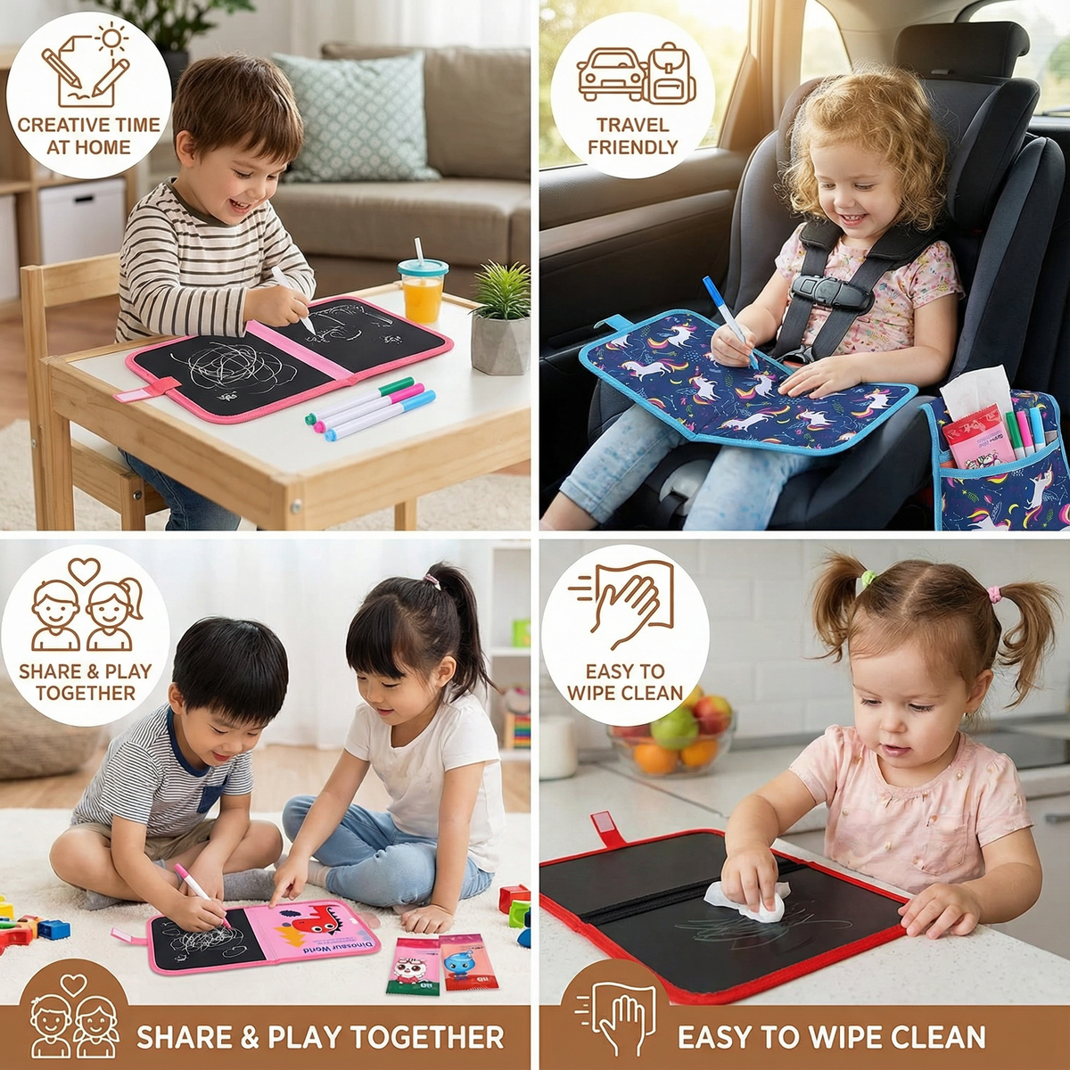 Wipeable Drawing Book with Washable Markers and Flat Binding for Kids