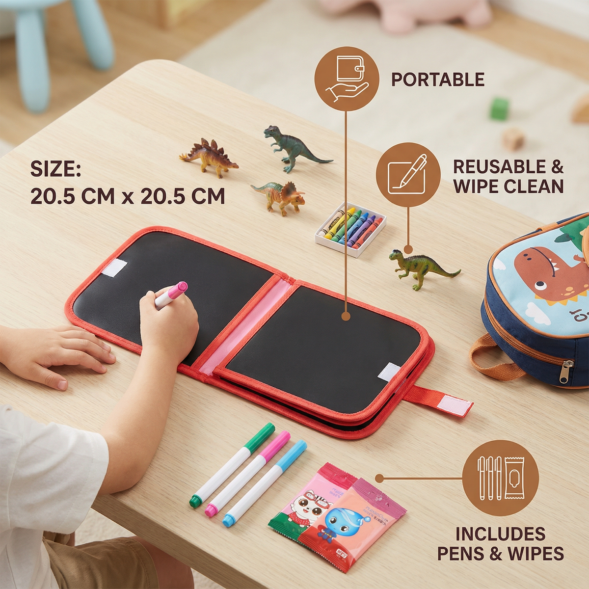 Wipeable Drawing Book with Washable Markers and Flat Binding for Kids