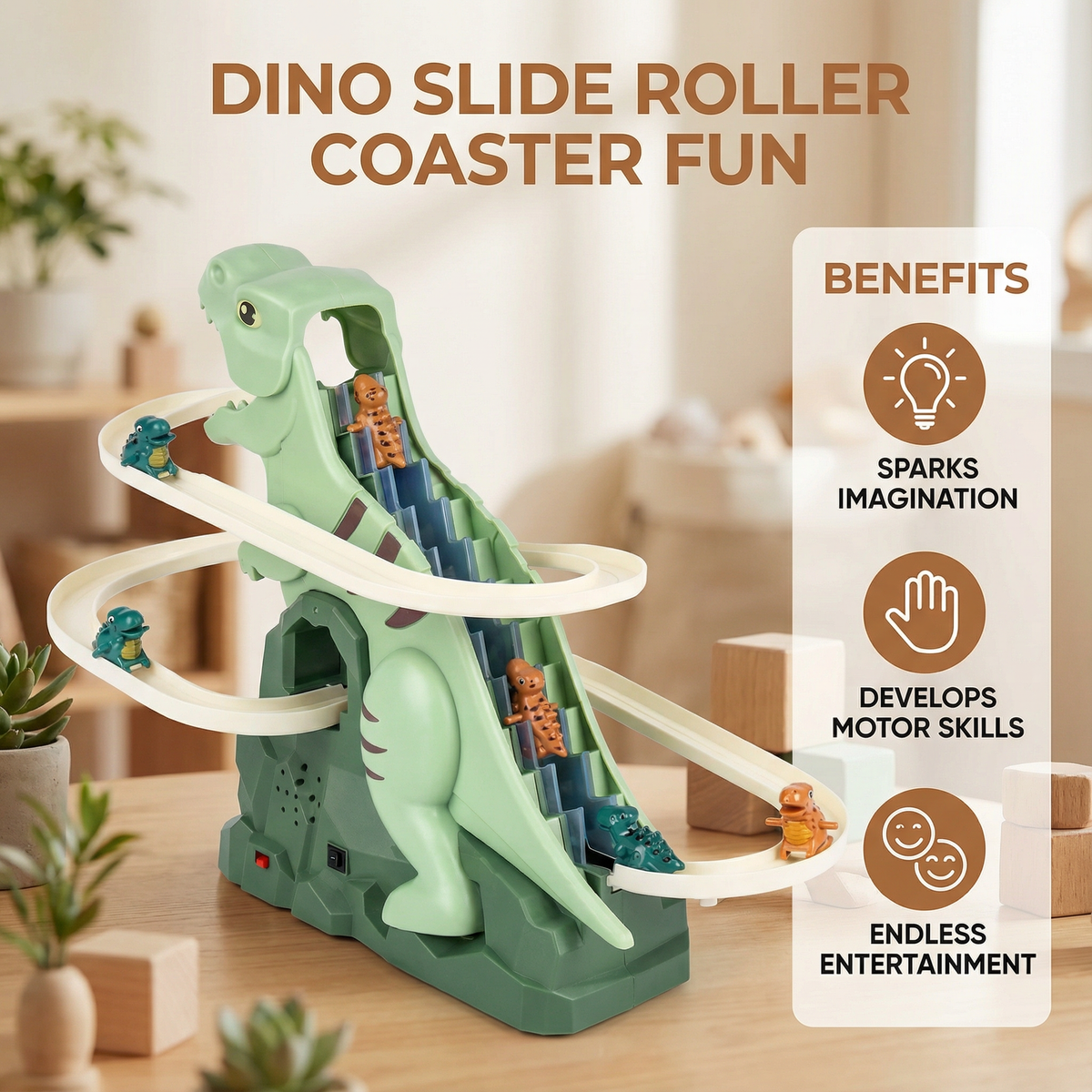 Dinosaur Climbing Slide with Curved Track for Kids Active Play