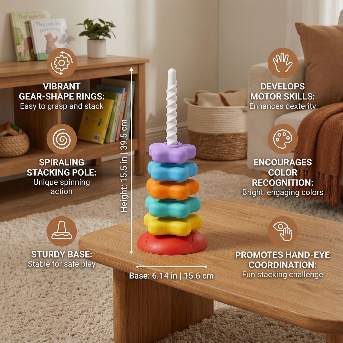 Stacking Tower Toy with Spinning Color Pieces and Shape Recognition