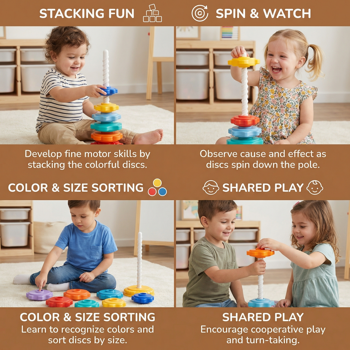 Stacking Tower Toy with Spinning Color Pieces and Shape Recognition