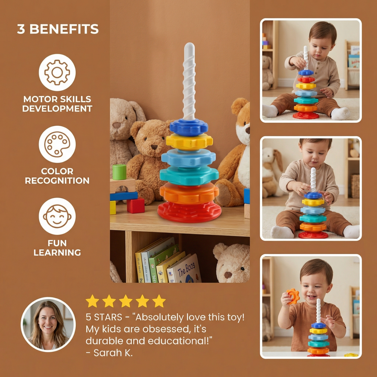 Stacking Tower Toy with Spinning Color Pieces and Shape Recognition