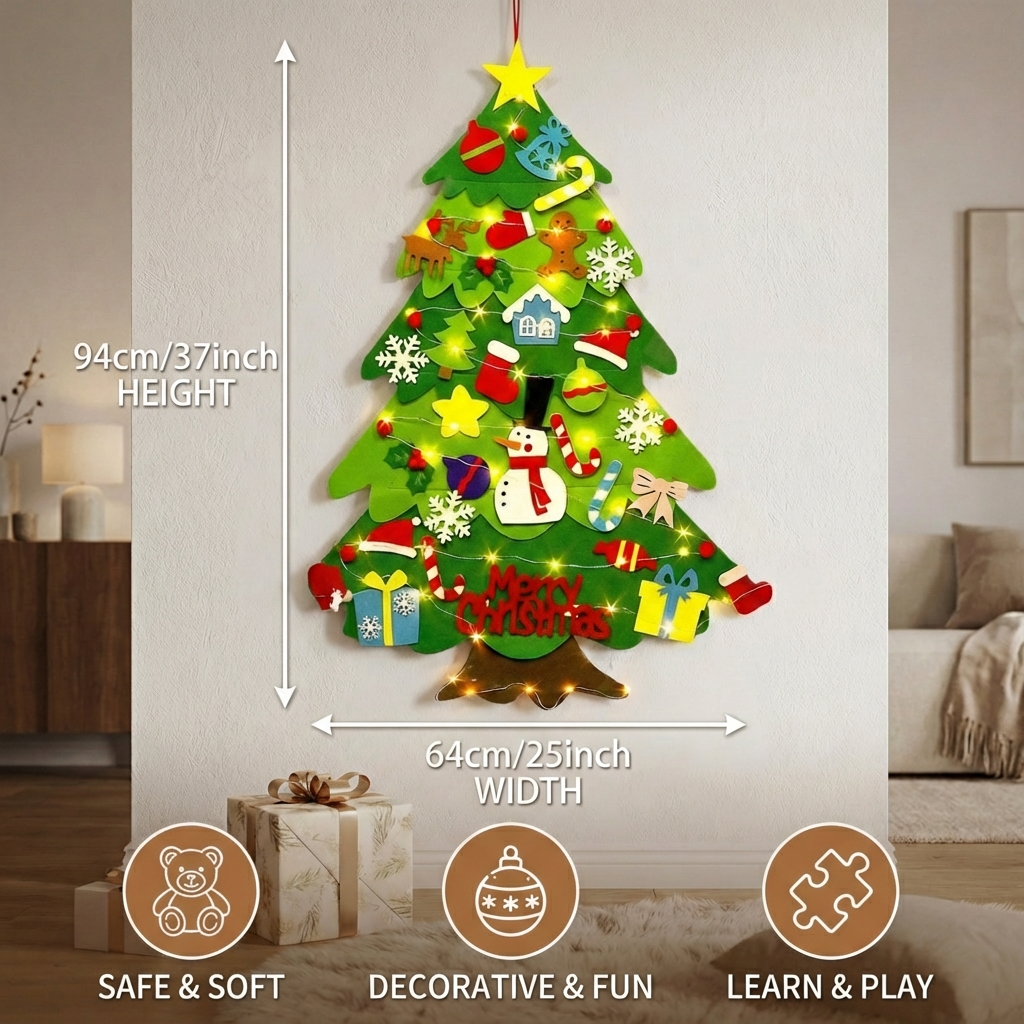Felt Christmas Tree Wall Hanging with Reusable Ornaments and Fine Motor Activities