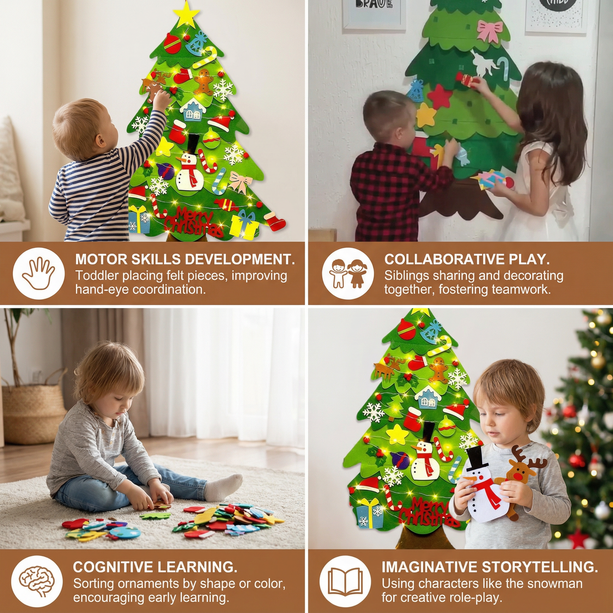 Felt Christmas Tree Wall Hanging with Reusable Ornaments and Fine Motor Activities