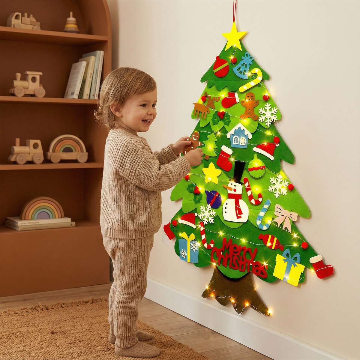 Felt Christmas Tree Wall Hanging with Reusable Ornaments and Fine Motor Activities