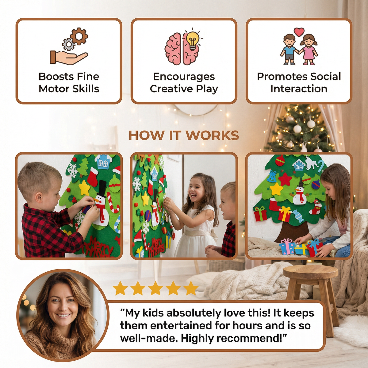 Felt Christmas Tree Wall Hanging with Reusable Ornaments and Fine Motor Activities