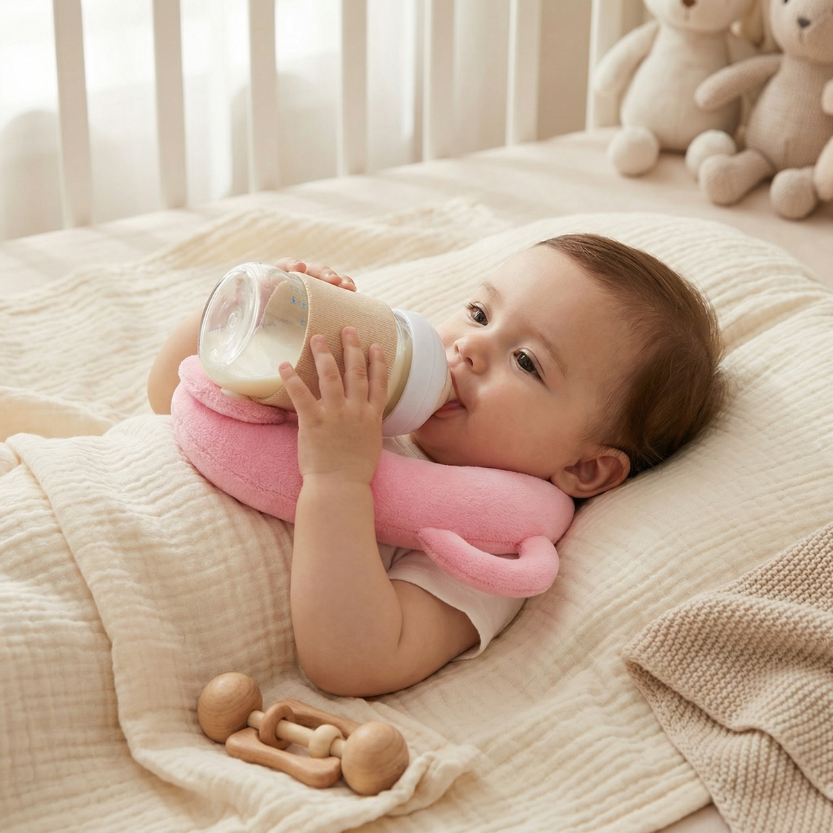 Bottle Holding Nursing Pillow with Breathable Mesh and Adjustable Wraparound Design
