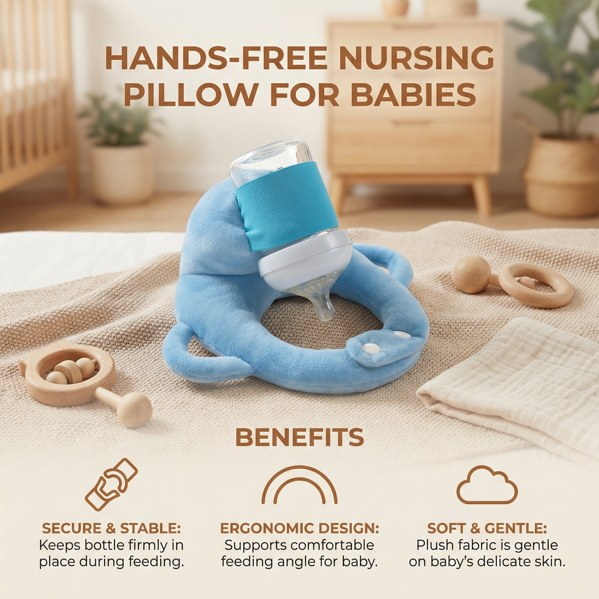 Bottle Holding Nursing Pillow with Breathable Mesh and Adjustable Wraparound Design