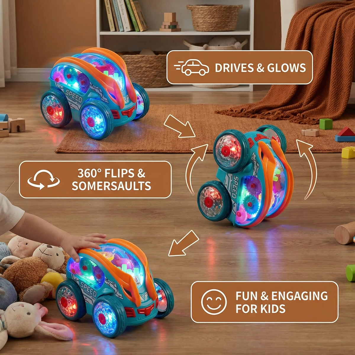 Flipping Stunt Car with Multi-Color LED Lights and Rechargeable Battery