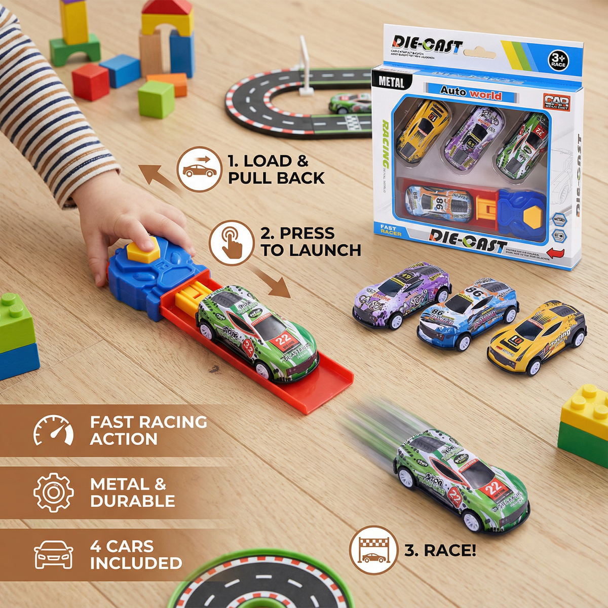 Die Cast Race Cars with Spring Catapult Launcher and Gift Box
