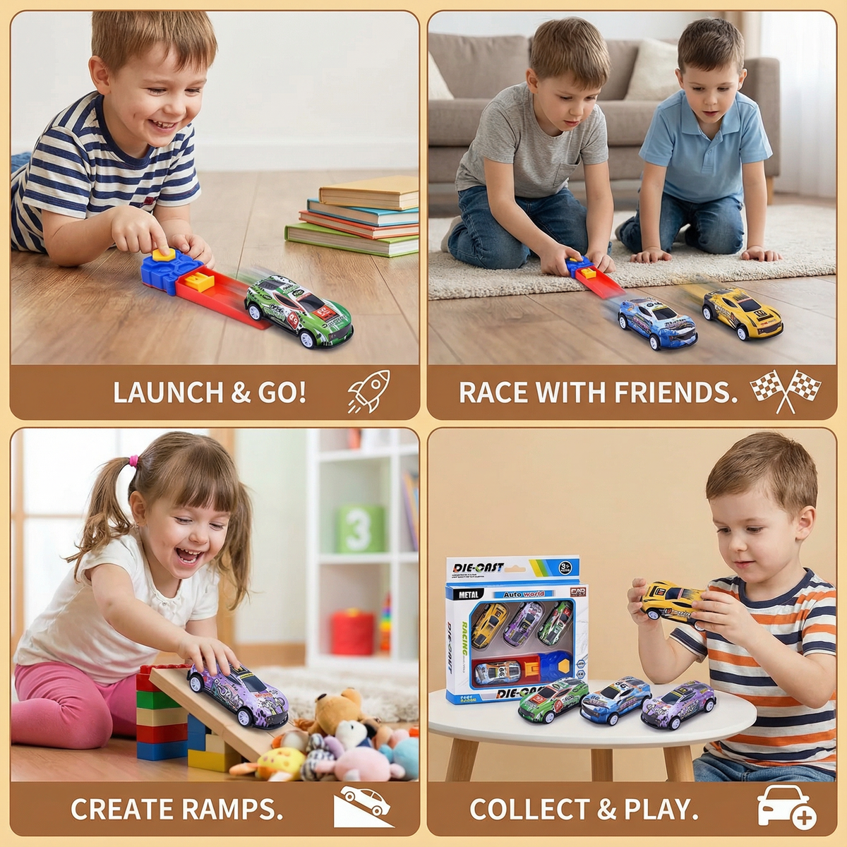 Die Cast Race Cars with Spring Catapult Launcher and Gift Box