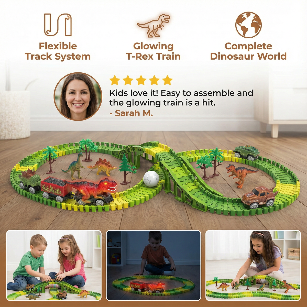 Flexible Track Set with Glowing LED Train and Dinosaur Figures