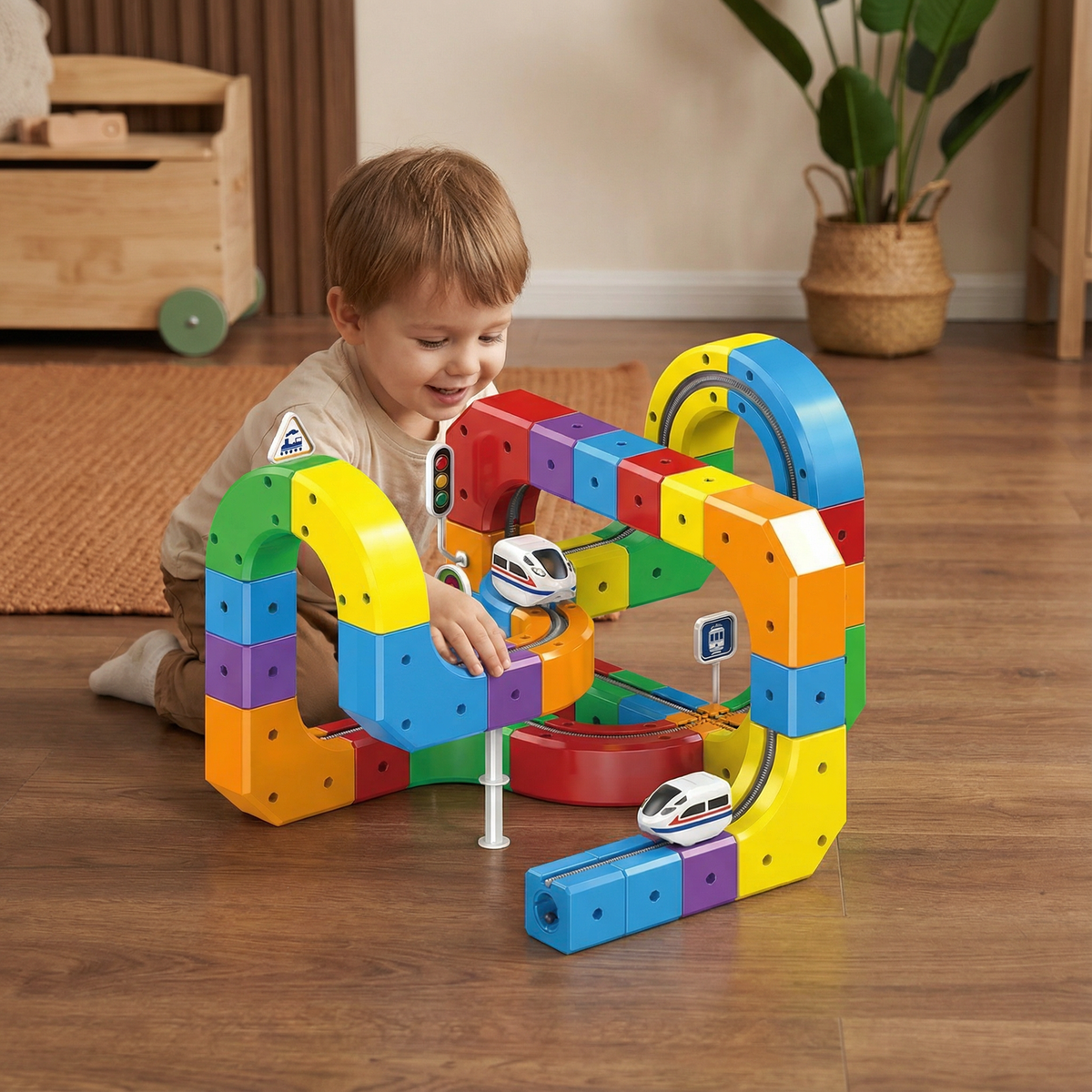 Building Block Train Track Set with 81 Snap-Together Pieces and Rolling Train