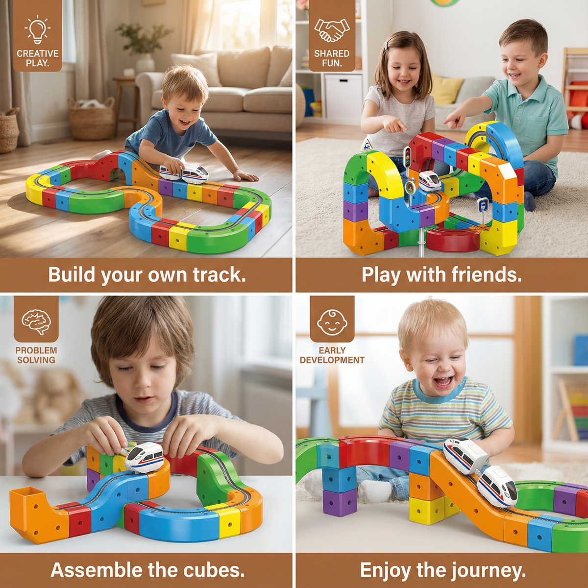 Building Block Train Track Set with 81 Snap-Together Pieces and Rolling Train
