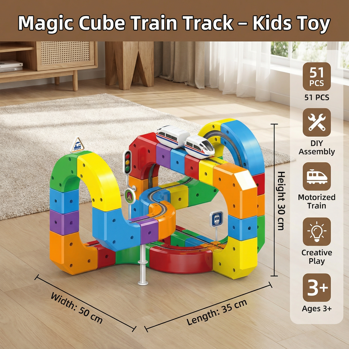 Building Block Train Track Set with 81 Snap-Together Pieces and Rolling Train