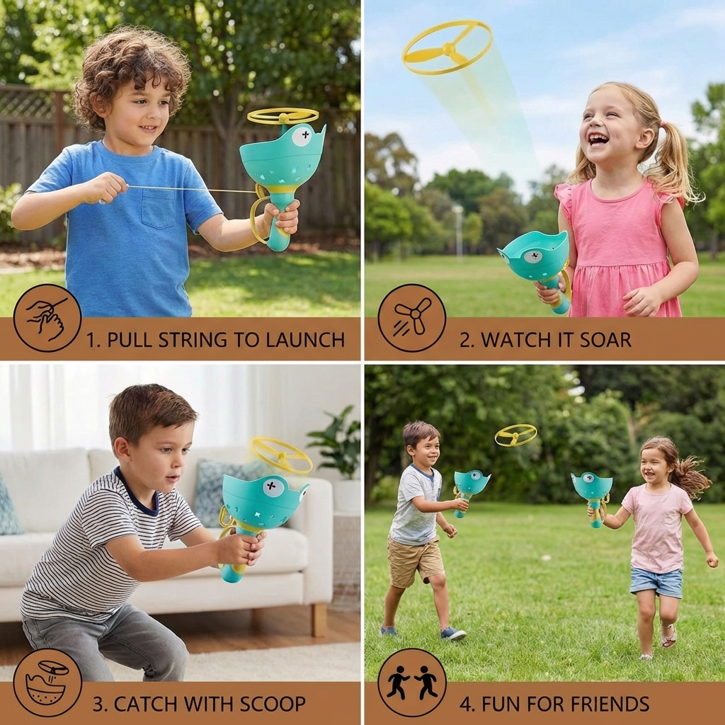 Pull String Propeller Toy with Frog Shapes and 6 Colorful Pieces