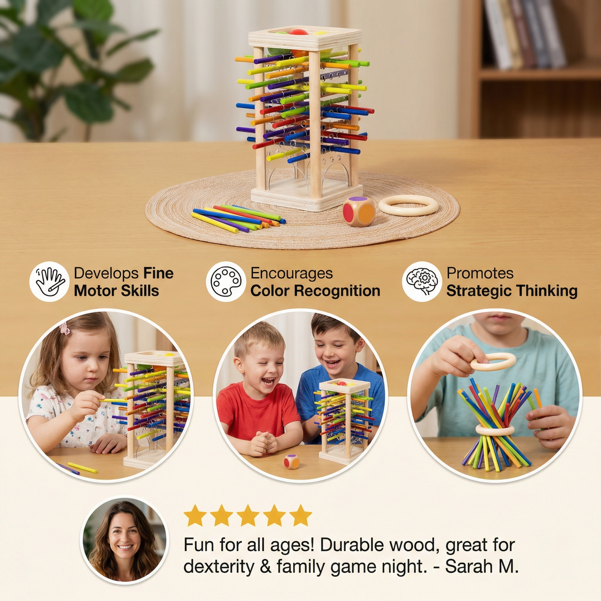 Wooden Stick Game with Colored Balls and Three Play Modes