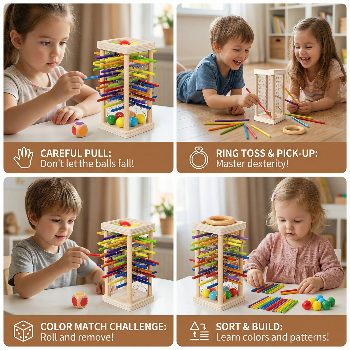 Wooden Stick Game with Colored Balls and Three Play Modes