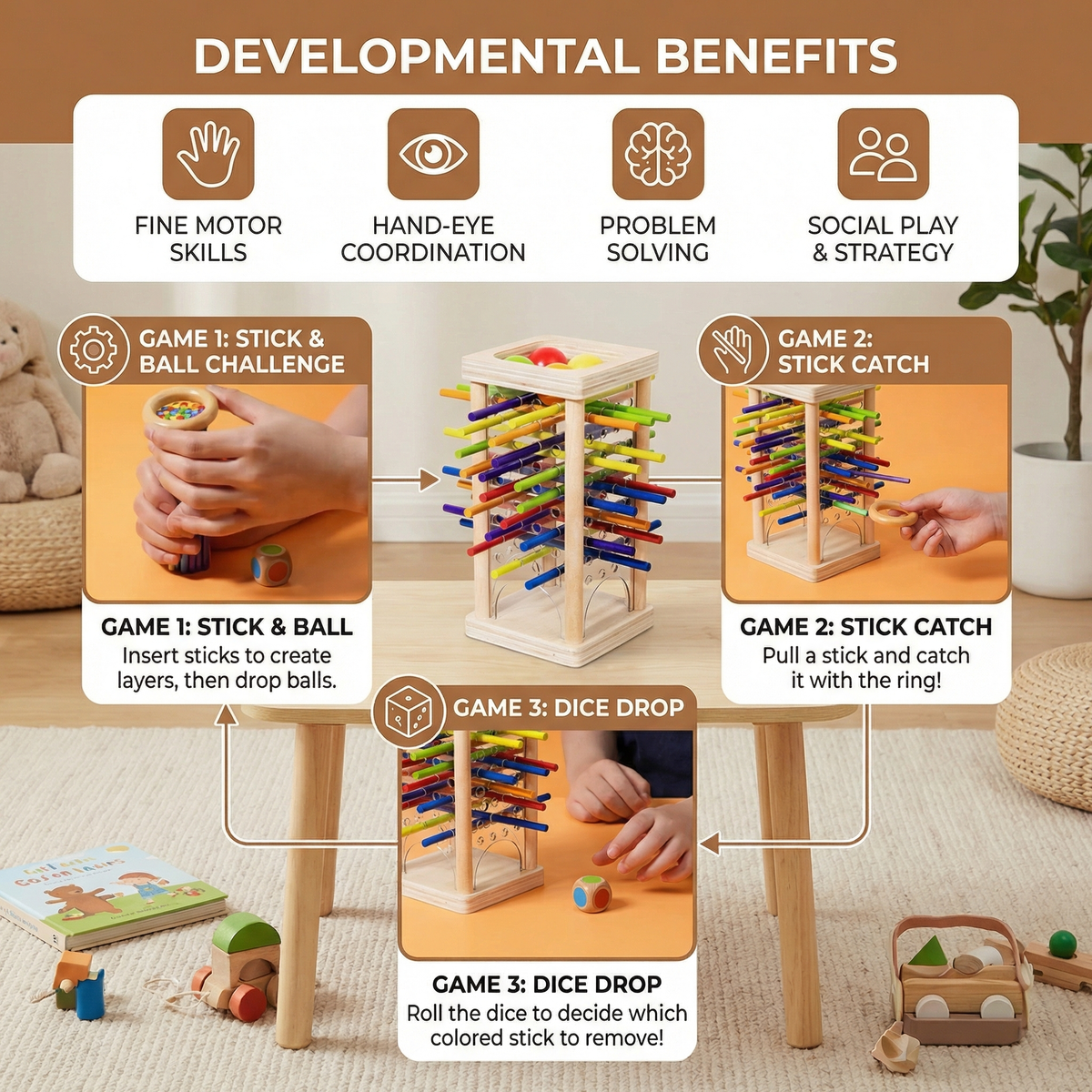 Wooden Stick Game with Colored Balls and Three Play Modes